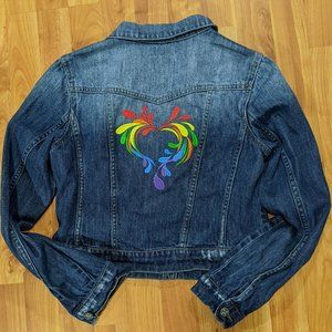 Jessica Simpson denim jacket with Rainbow Splash heart embroidery